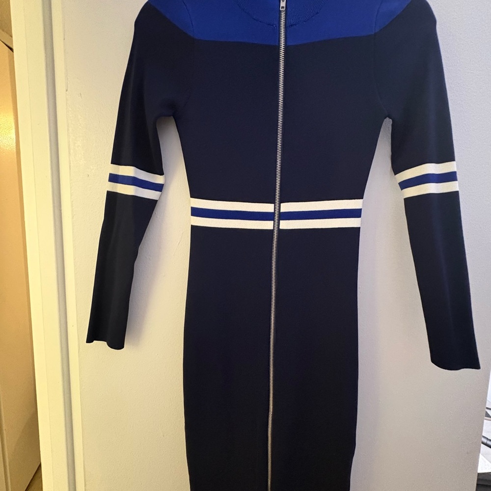 Navy Blue Long-Sleeve Zip-Front Bodycon Dress with White Stripe Detail